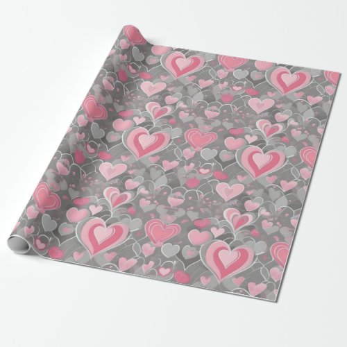 Pink and Gray Valentines Day Hearts Cute Wrapping Paper