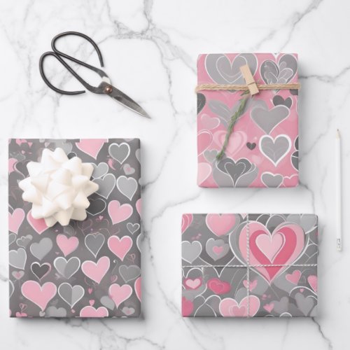 Pink and Gray Valentines Day Hearts Cute Wrapping Paper Sheets