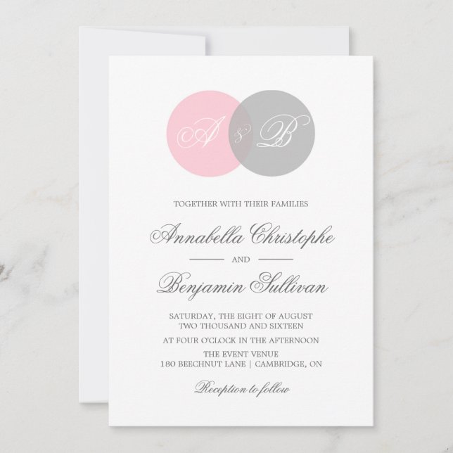 Pink and Gray Venn Diagram Wedding Invitation (Front)