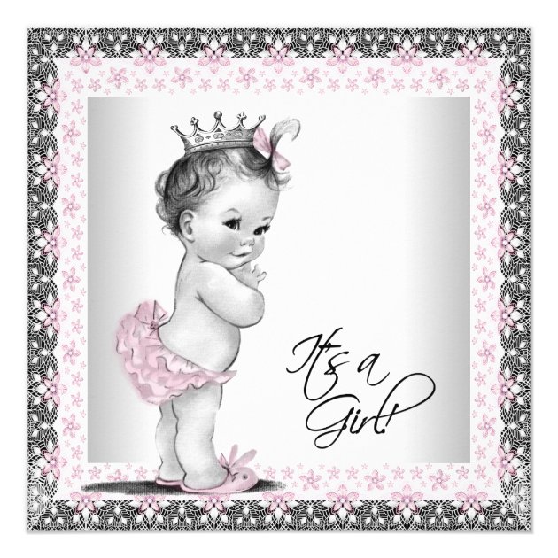 Pink And Gray Vintage Baby Girl Shower Invitation