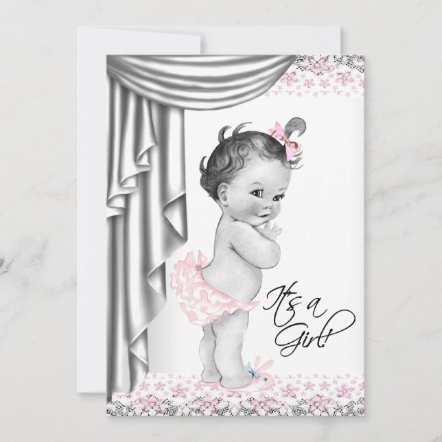 Pink and Gray Vintage Baby Shower Invitation (Front)