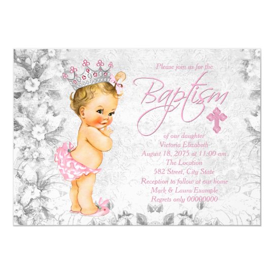 Pink And Gray Vintage Princess Baptism Invitation Zazzle Com