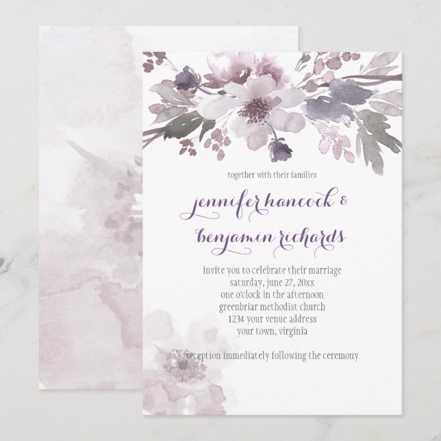 Pink and Gray Watercolor Blossoms Wedding Invites (Front/Back)