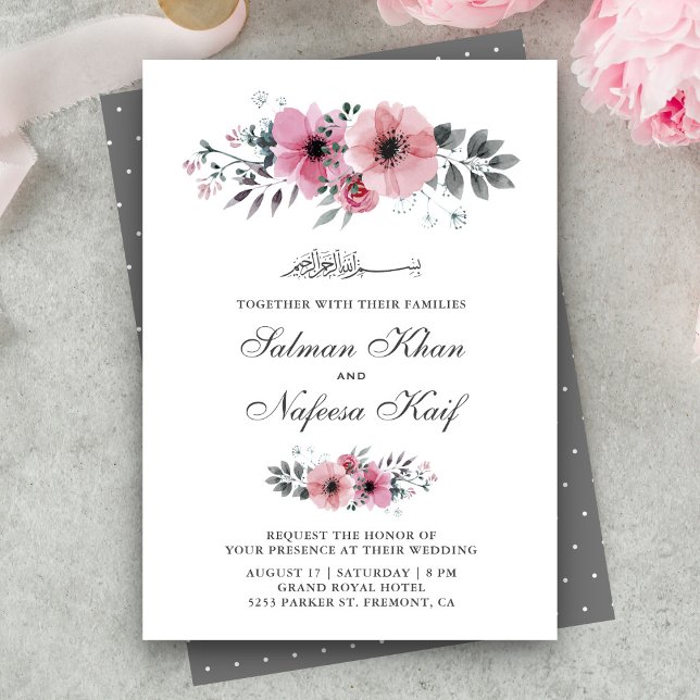 Pink and Gray Watercolor Floral Islamic Wedding Invitation (Creator Uploaded)