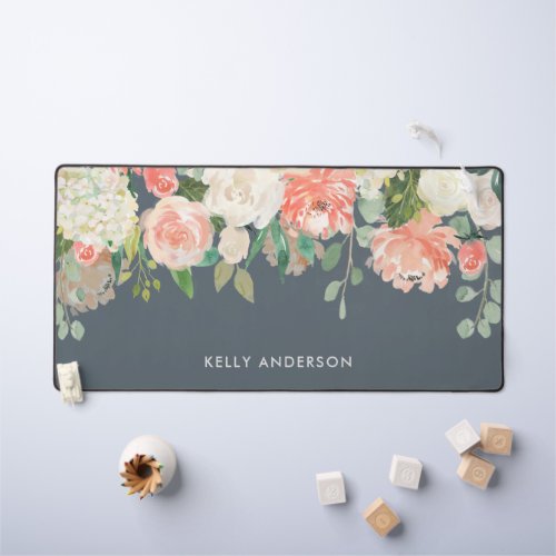 Pink and Gray Watercolor Floral with Your Name Desk Mat