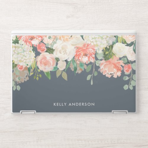 Pink and Gray Watercolor Floral with Your Name HP Laptop Skin