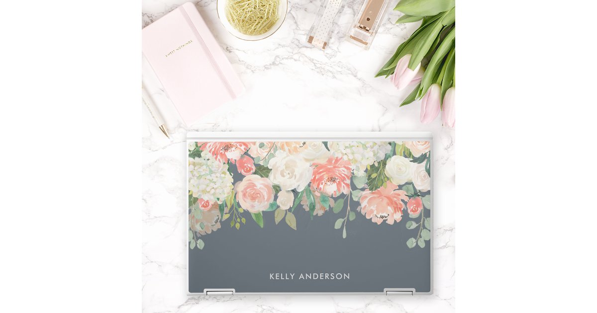 Pink and Gray Watercolor Floral with Your Name HP Laptop Skin | Zazzle