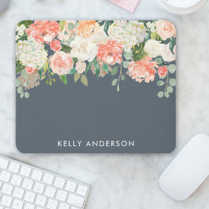 Pink and Gray Watercolor Floral with Your Name Mouse Pad