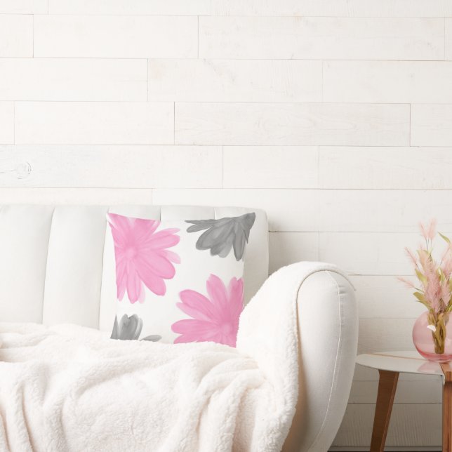 Pink and Gray Watercolor Flowers Throw Pillow (Couch)