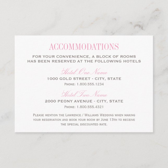 Pink and Gray Wedding Accommodations Enclosure Card (Front)