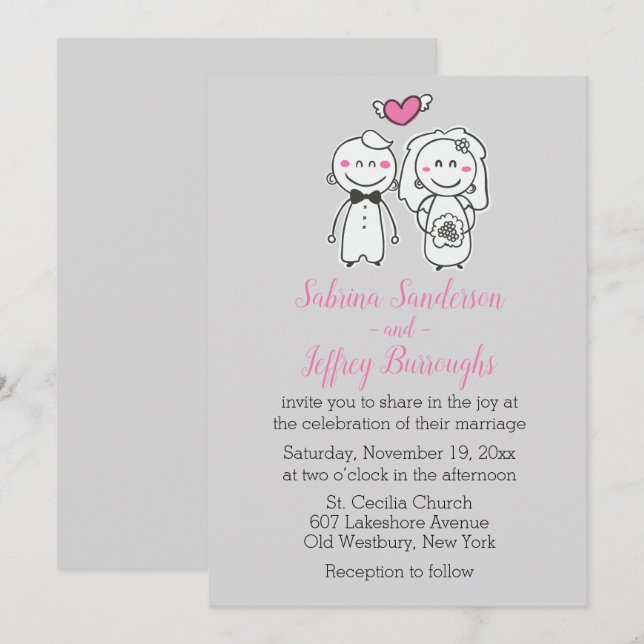 Pink And Gray Wedding Cartoon Bride And Groom Invitation (Front/Back)