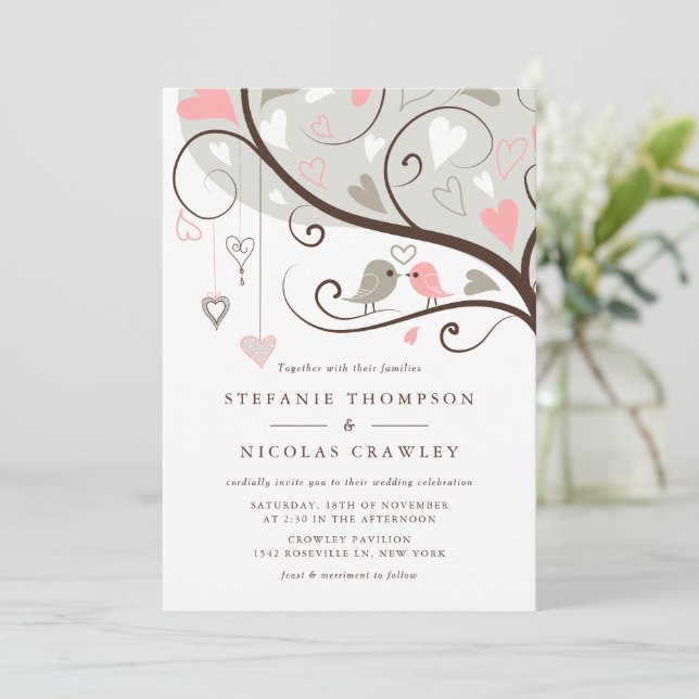 Pink and Gray Whimsical Lovebirds Wedding Invitation (Standing Front)