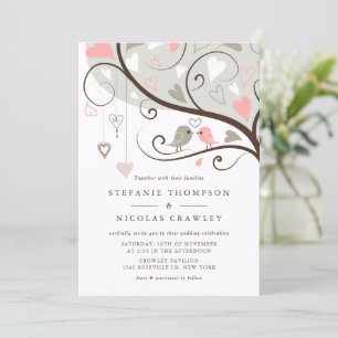 Pink and Gray Whimsical Lovebirds Wedding Invitation