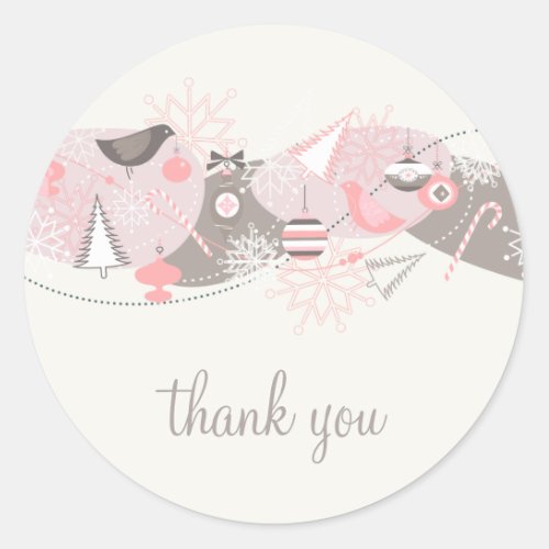 Pink and Gray Winter Lovebirds Thank You Sticker