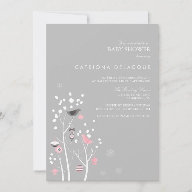 Pink and Gray Winter Snow Baby Shower Invitation (Front)
