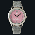 Pink and gray with hearts and name wrist watch<br><div class="desc">Personalize this pink face with hearts / glitter strap watch for a little girl,  with her name. A perfect Christmas gift.</div>