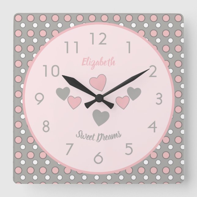 Pink and gray with polka dots and name square wall clock (Front)