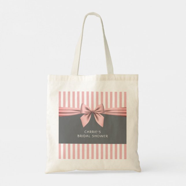 Pink and Gray with Stripes Bow Bridal Shower Tote Bag (Back)