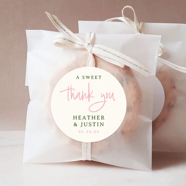 Pink and Green A Sweet Thank You Wedding Favor Classic Round Sticker (Creator Uploaded)