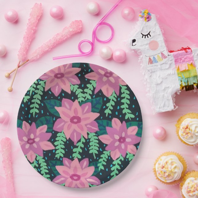 Pink and Green Abstract Floral Print Paper Plates (Party)
