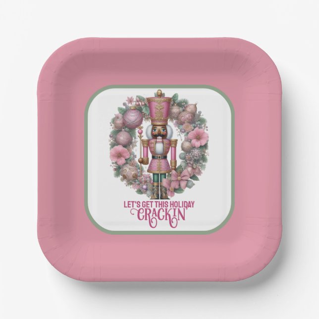 Pink and Green African American Nutcracker Holiday Paper Plates (Front)