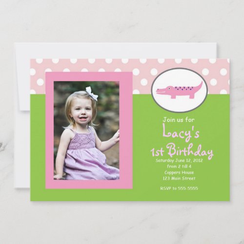 Pink and Green Alligator Birthday Invitation