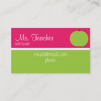 Pink And Green Apple Teacher Busness Cards by jgh96sbc at Zazzle