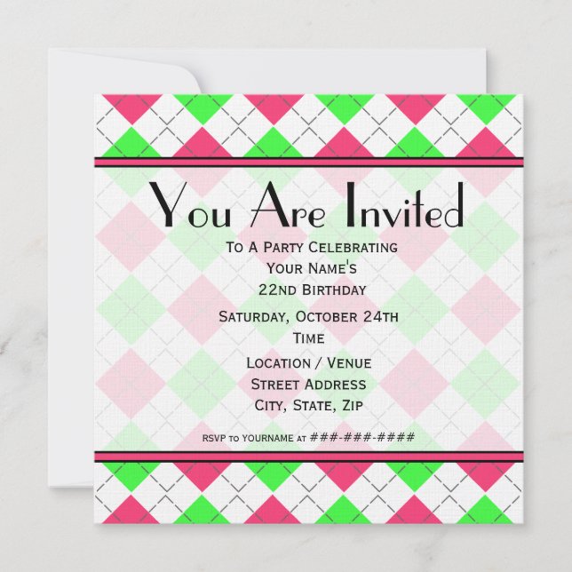 Pink and Green Argyle Birthday Invitation (Front)