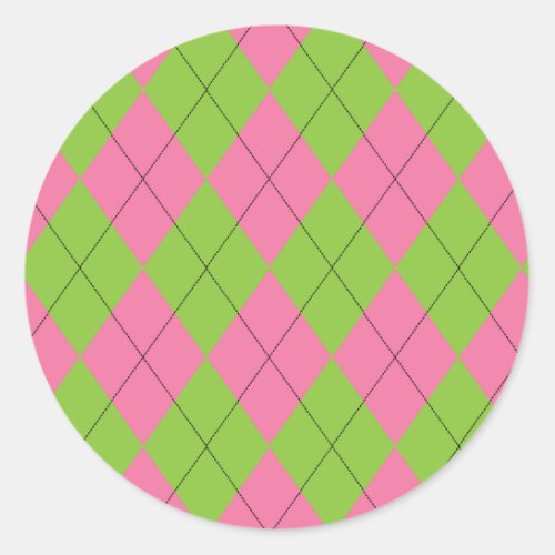 Pink and Green Argyle Pattern with Black Lines Classic Round Sticker