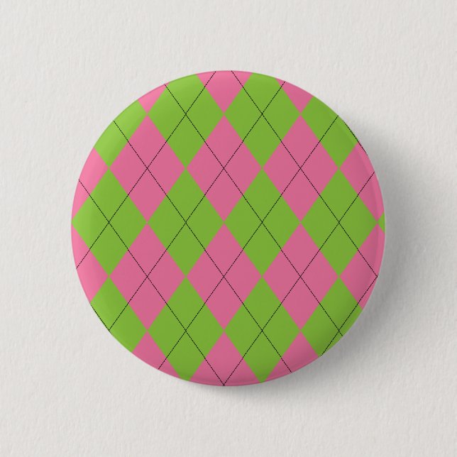 Pink and Green Argyle Pinback Button (Front)