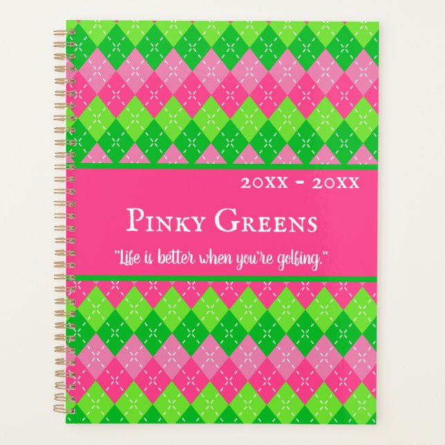 Pink and Green Argyle Preppy Style Personalized Planner (Front)