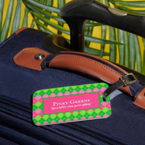 Pink and Green Argyle White Stitching Preppy Golf Luggage Tag