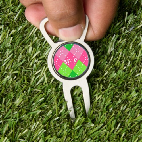 Pink and Green Argyle with White Stitching Divot Tool
