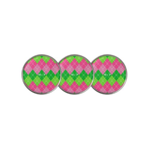 Pink and Green Argyle with White Stitching Golf Ball Marker