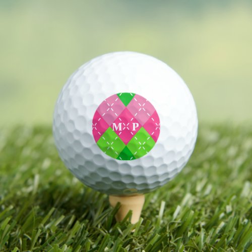 Pink and Green Argyle with White Stitching Golf Balls