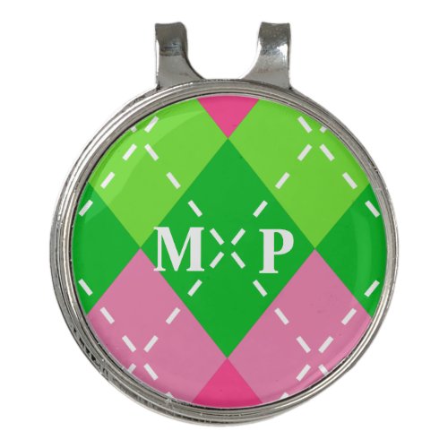 Pink and Green Argyle with White Stitching Golf Hat Clip
