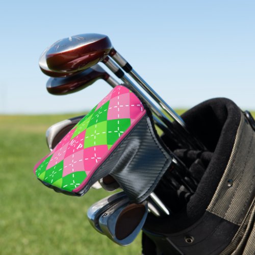 Pink and Green Argyle with White Stitching Golf Head Cover
