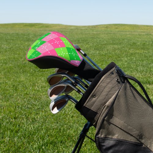Pink and Green Argyle with White Stitching Golf Head Cover