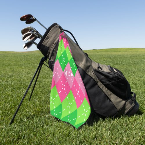 Pink and Green Argyle with White Stitching Golf Towel