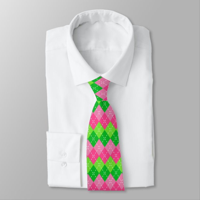 Pink and Green Argyle with White Stitching Neck Tie (Tied)