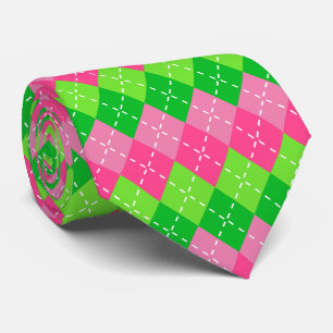 Pink and Green Argyle with White Stitching Neck Tie