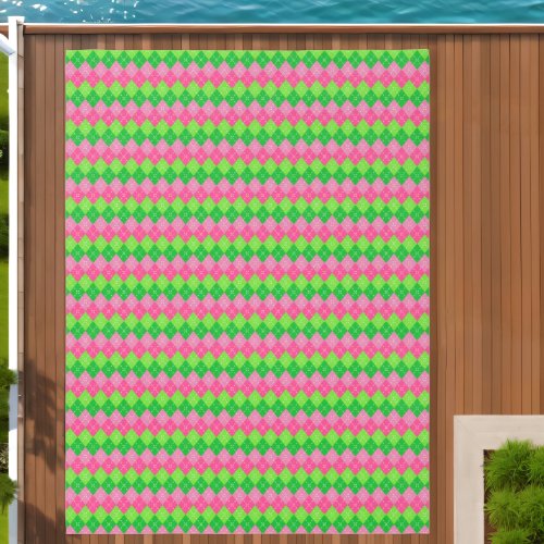 Pink and Green Argyle with White Stitching Outdoor Rug