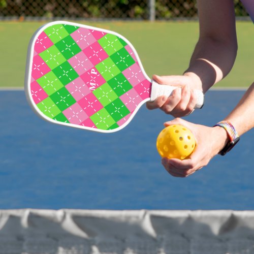 Pink and Green Argyle with White Stitching Pickleball Paddle