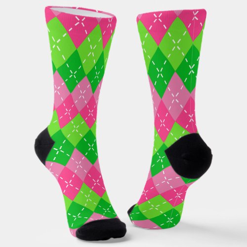 Pink and Green Argyle with White Stitching Socks