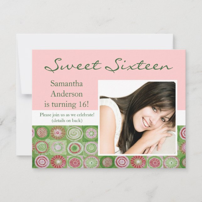 Pink and Green Artsy Sweet Sixteen Invitation (Front)