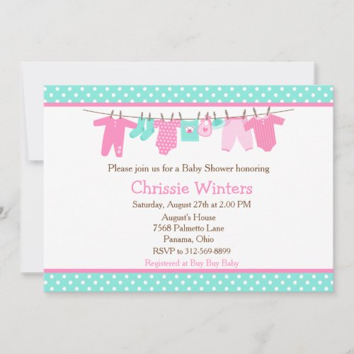 Pink and Green Baby Line Baby Shower Invitation