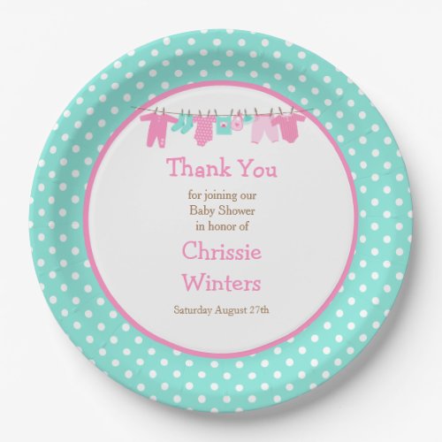 Pink and Green Baby Line Baby Shower Paper Plates