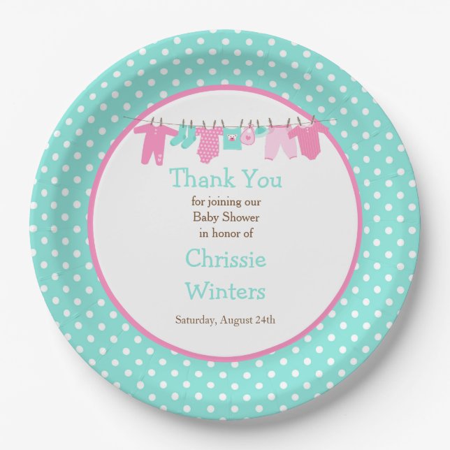 Pink and Green Baby Line Baby Shower Paper Plates (Front)