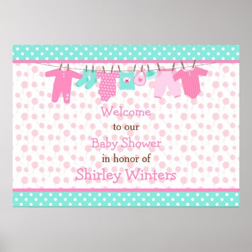 Pink and Green Baby Line Baby Shower Poster