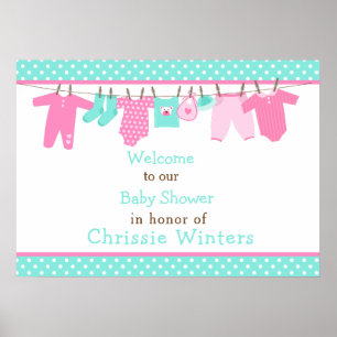 Pink and Green Baby Line Baby Shower Poster